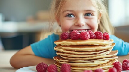 Little happy preschool girl with a large stack of pancakes and raspberries for breakfast. Positive child eating healthy homemade food in the morning.