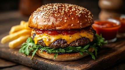 Juicy cheeseburger with fries and ketchup. (4)