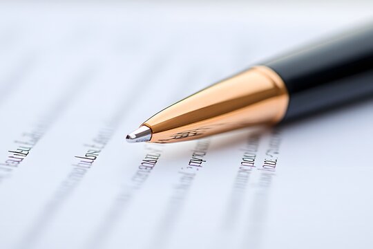 a close-up view of a pen resting on a document, ready for signing. The pen is positioned, highlighting its fine details