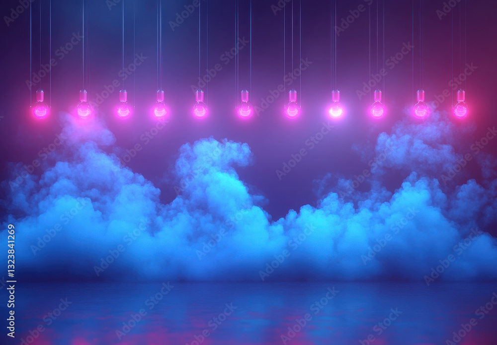 Poster a mesmerizing display of glowing lights suspended over a colorful fog, creating a captivating visual