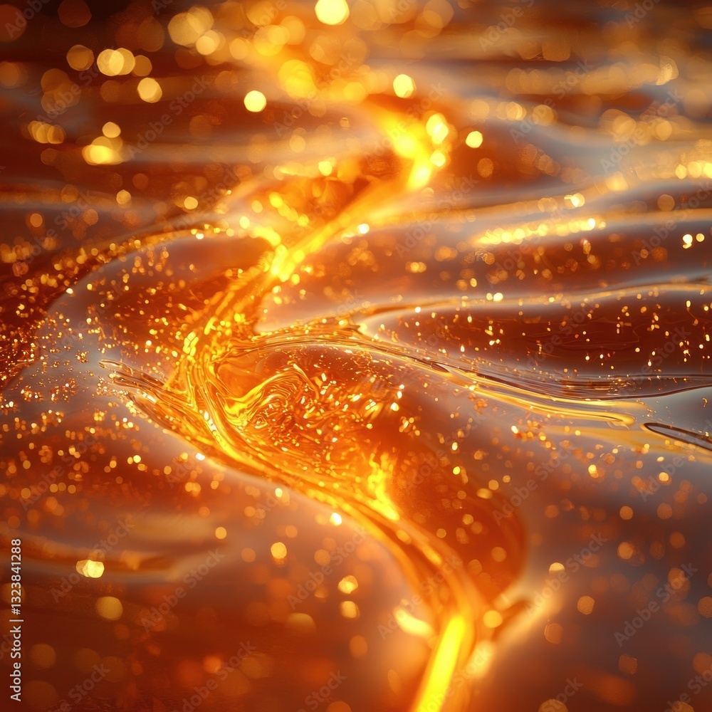 Poster golden liquid wave abstract background with glittering bokeh reflections