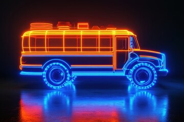 Neon Light Art of a Colorful Bus with Glowing Effects