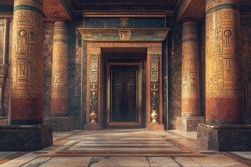 Ancient temple entrance with intricate carvings and majestic columns in a historic setting