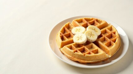 Golden-brown waffle on a plate, adorned with fresh banana slices, a delightful breakfast treat