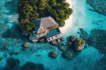 Luxurious private villa on a secluded island surrounded by clear turquoise waters and lush greenery
