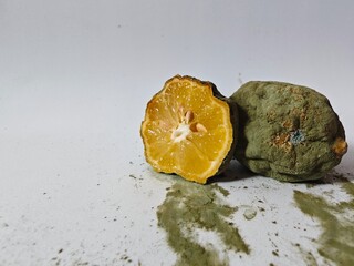 close-up of a moldy lemon cut in half on white background