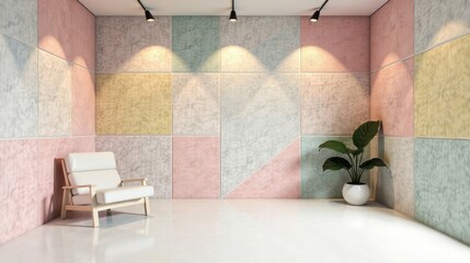 Pastel-hued wall paneling with modern chair and potted plant in minimalist interior