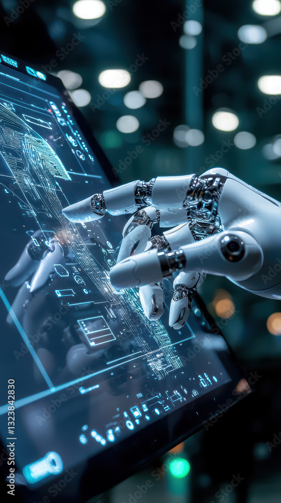 Poster digital interaction: a futuristic robotic hand interacting with a holographic display, showcasing th