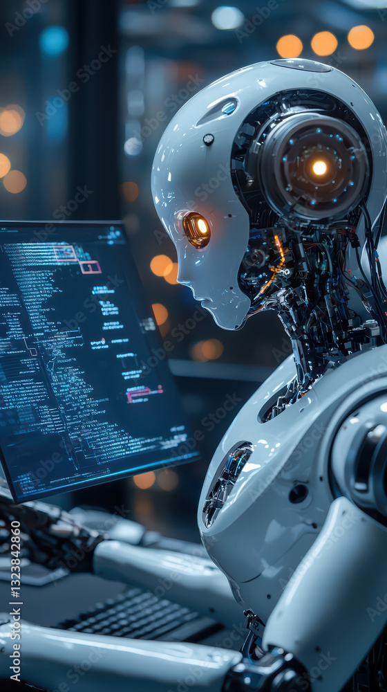 Poster digital sentinel: a sleek, state-of-the-art robot is diligently focused, its metallic gaze fixed upo