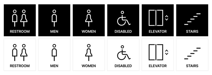 linear Restroom icon set. male and female toilet symbols. disabled icon. gender icon. restroom pictogram. Elevator and stairs public signage. WC signage	
