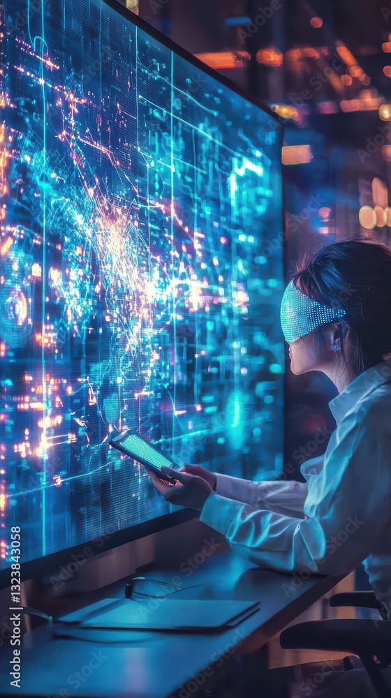 Poster navigating data: a person immersed in a digital world, analyzing data on a screen, the image is a sy