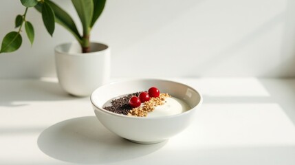 Creamy Yogurt Bowl with Poppy Seeds, Granola, and Berries in Soft Sunlight