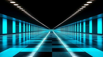 Interior view of a futuristic hall with blue glowing walls