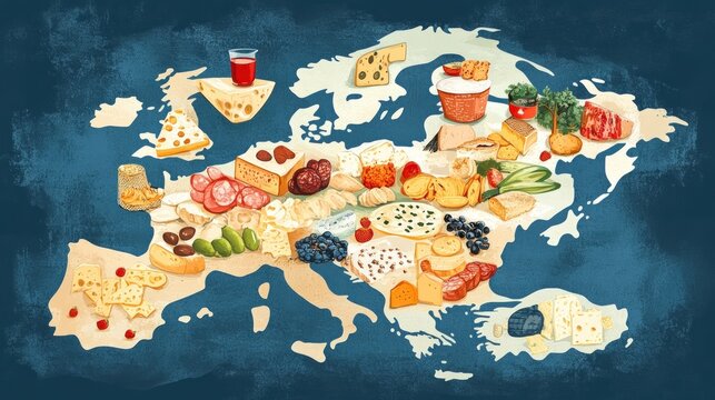 Detailed map of Europe with assorted food items including cheese meats fruits and drinks representing different countries arranged on a dark background