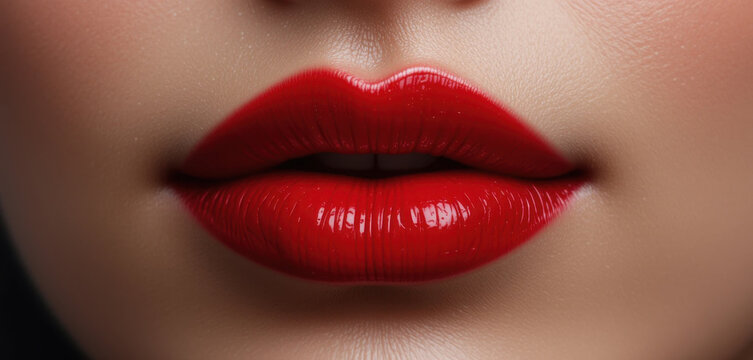 Fotograf&iacute;a macro de labios rojos vibrantes, acabado de alto brillo, sombras suaves, textura de piel ultra realista, iluminaci&oacute;n de estudio
