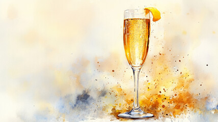 A watercolor illustration featuring a champagne glass filled with sparkling wine, garnished with an orange peel.