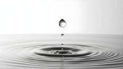 White background with a floating water droplet, clear and detailed, symbolizes purity.