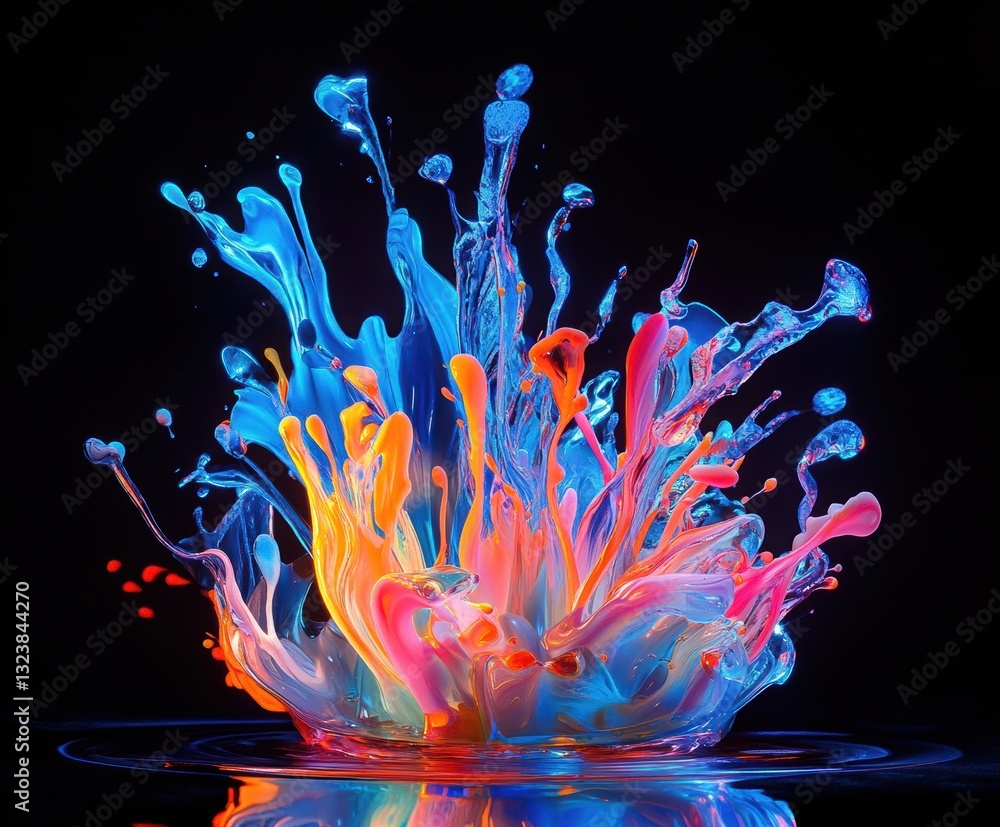 Poster explosion of colors: dynamic and vibrant splash of multi-colored liquid, captured mid-explosion, aga