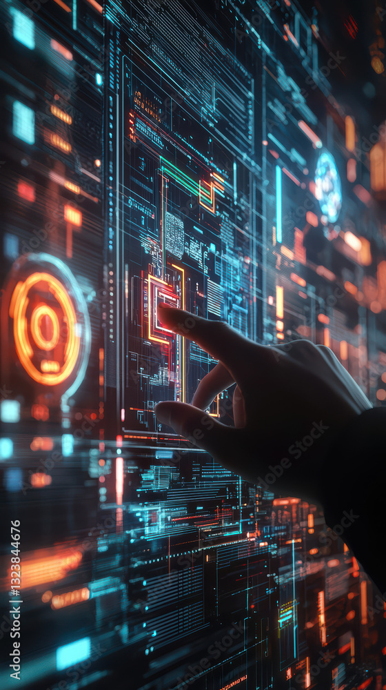 Poster touch of tomorrow: a futuristic depiction of a human hand interacting with a glowing, high-tech inte