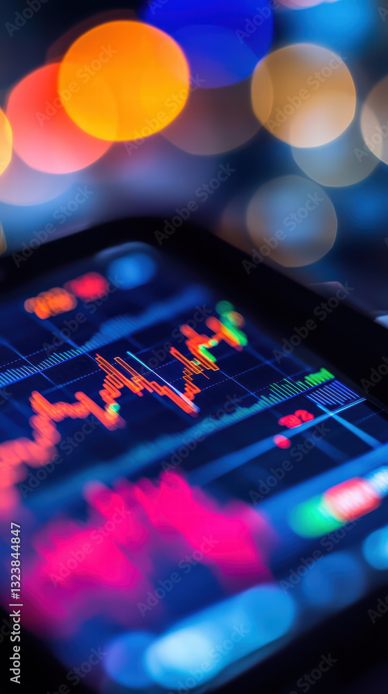 Poster market analysis on mobile: a close-up shot of a mobile device displays dynamic stock market data, wi