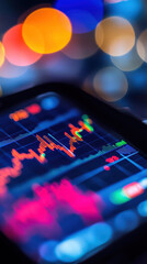 Market Analysis on Mobile: A close-up shot of a mobile device displays dynamic stock market data, with colorful bokeh lights in the background