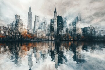 Fototapeta premium Cityscape Reflection: A mesmerizing cityscape with towering skyscrapers mirroring in the tranquil water below, creating a breathtaking scene