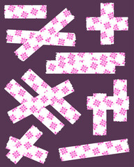 Set of white washi tapes with pink flowers pattern isolated. Washi tape collection in vector. Pieces of decorative tape for albums. Torn paper