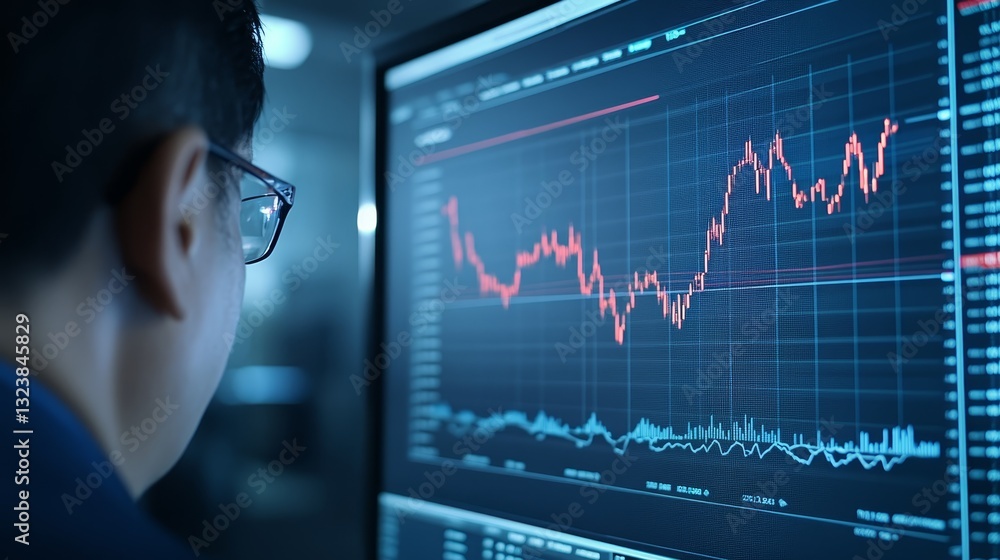 Poster man scrutinizing financial chart on computer screen for market analysis
