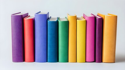 White background with a stack of colorful books, neatly arranged, symbolizes knowledge and organization.