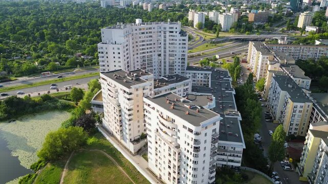 Residential buildings over Goclawskie Lake in Goclaw area, subdistrict of Praga-Poludnie, Warsaw city, Poland