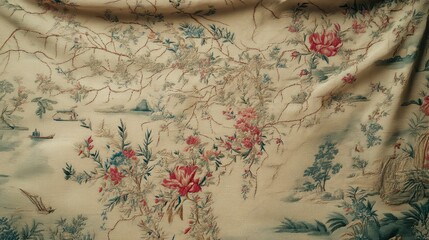 Textile pattern with red floral motifs and blue accents on a golden textured backdrop evoking aged elegance