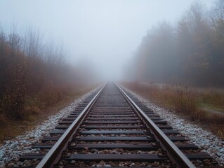 Fototapeta premium Eerie Journey, Railroad Tracks Vanishing into Dense Autumnal Fog
