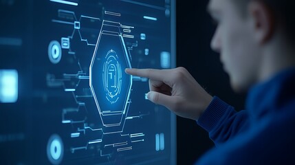 Closeup of finger activating button on bright touchscreen display fingertip