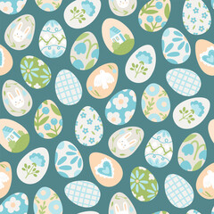 Pattern with Easter eggs. Hand-drawn texture with cartoon eggs decorated with cute pictures of flowers, house, rabbit, bird, heart. Vector seamless pattern in flat style on blue background 