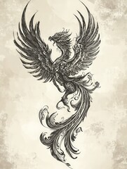 Fototapeta premium Detailed illustration of a phoenix bird with outstretched wings in a vintage style with dark brown color on tan background