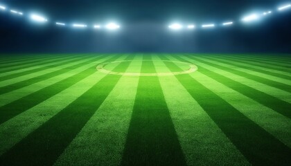 Well-maintained sports field with perfectly aligned stripes under stadium lights, ready for a game