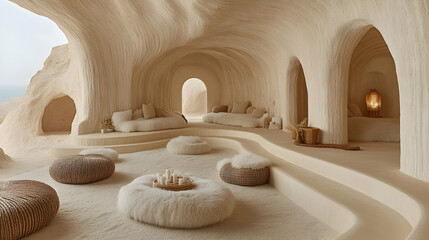 Cave-like interior design with plush seating