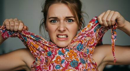 Woman Struggling with Too Small Dress Showing Frustration and Discomfort