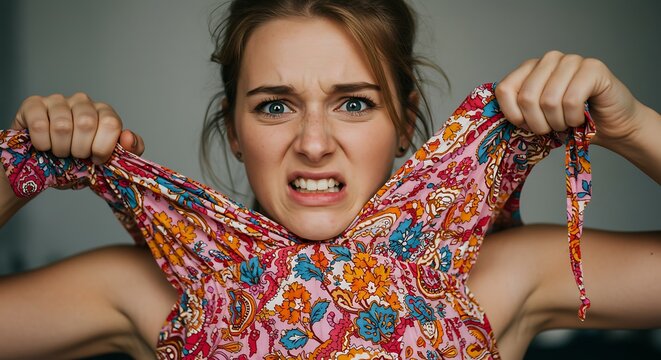 Woman Struggling with Too Small Dress Showing Frustration and Discomfort