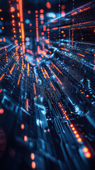 Fototapeta premium Digital Pathway: A mesmerizing visual representation of data flowing through an intricate digital network, rendered in striking shades of blue and orange.