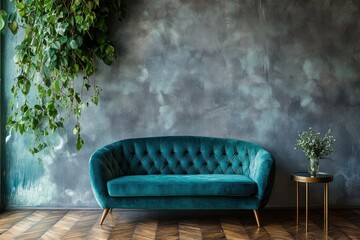 Teal velvet sofa against a textured wall with plants.