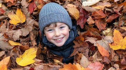 Laughing Child Surrounded by Colorful Autumn Leaves Fun Outdoor Play