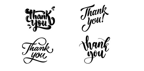 Collection of creative Thank You lettering compositions written with decorative calligraphic font.
