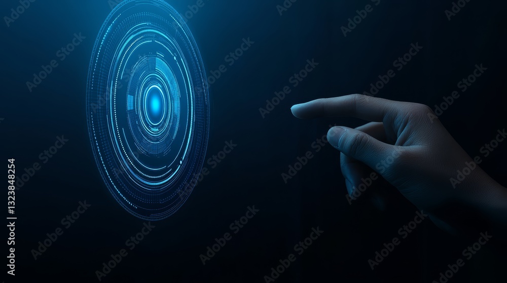 Poster biometric security hand gently touches fingerprint scanner for secure authentication