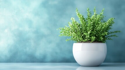 A verdant emerald plant, nestled in a sleek white pot, stood as a beacon of tranquility against a soft light blue wall, creating a cozy and inviting atmosphere in an indoor setting.