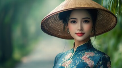 Asian Beauty in Traditional Attire: Captivating image of an Asian woman elegantly poised in traditional attire, radiating grace and beauty. Wearing a traditional straw hat and attire.
