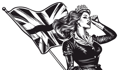 British royal woman with union jack flag, vector, linear icons set.