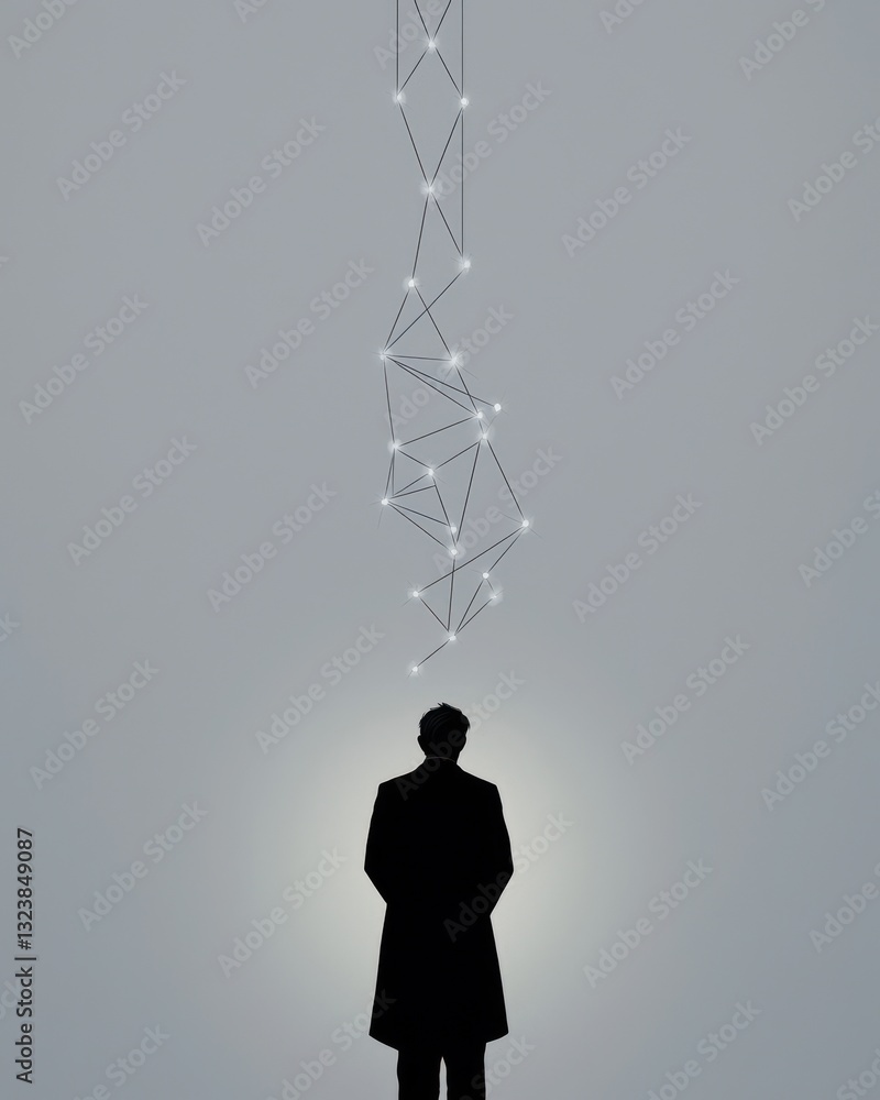 Poster abstract representation of innovation with man silhouette and minimalist network formation in soft l