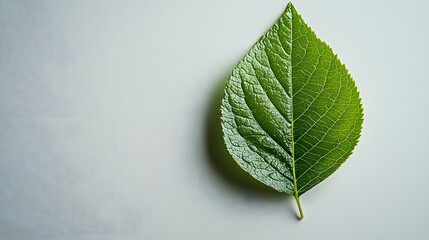 White background with a single green leaf, natural texture, minimalist and fresh.