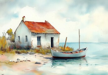Watercolor illustration of a peaceful seaside cabin with a fishing boat on a sandy beach at summer in a beautiful coastal landscape